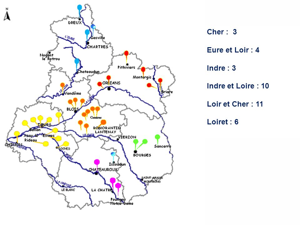 Cher : 3 Eure et Loir : 4 Indre : 3 Indre et Loire : 10 Loir et Cher : 11 Loiret : 6