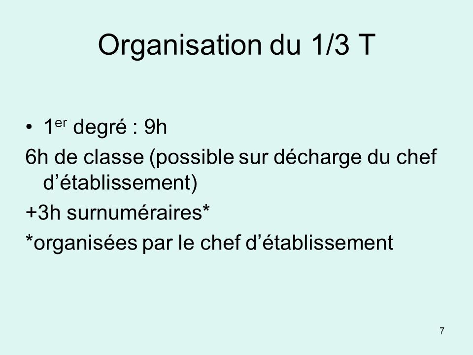Organisation du 1/3 T 1er degré : 9h