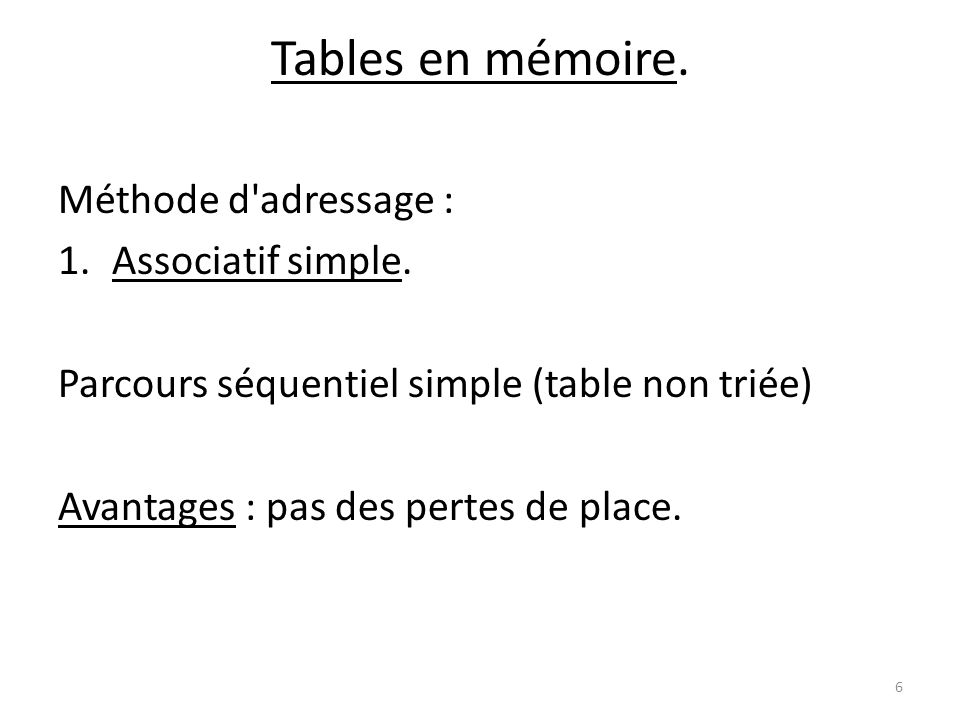Tables en mémoire. Méthode d adressage : Associatif simple.