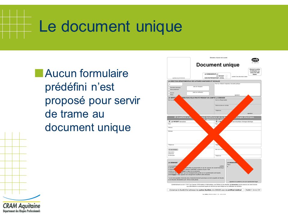 Le document unique Aucun formulaire prédéfini n’est proposé pour servir de trame au document unique.