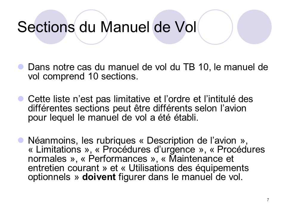 Sections du Manuel de Vol
