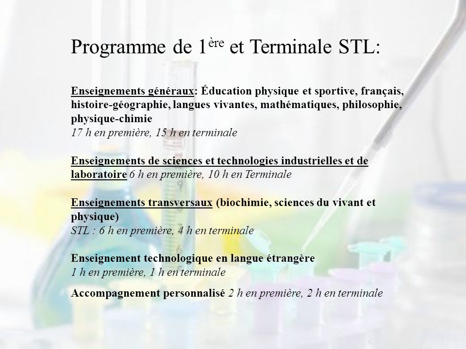 Programme de 1ère et Terminale STL:
