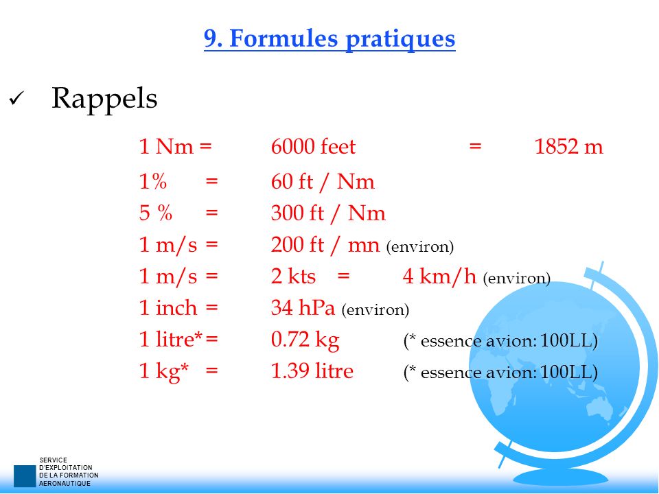 1 Nm = 6000 feet = 1852 m Rappels 9. Formules pratiques