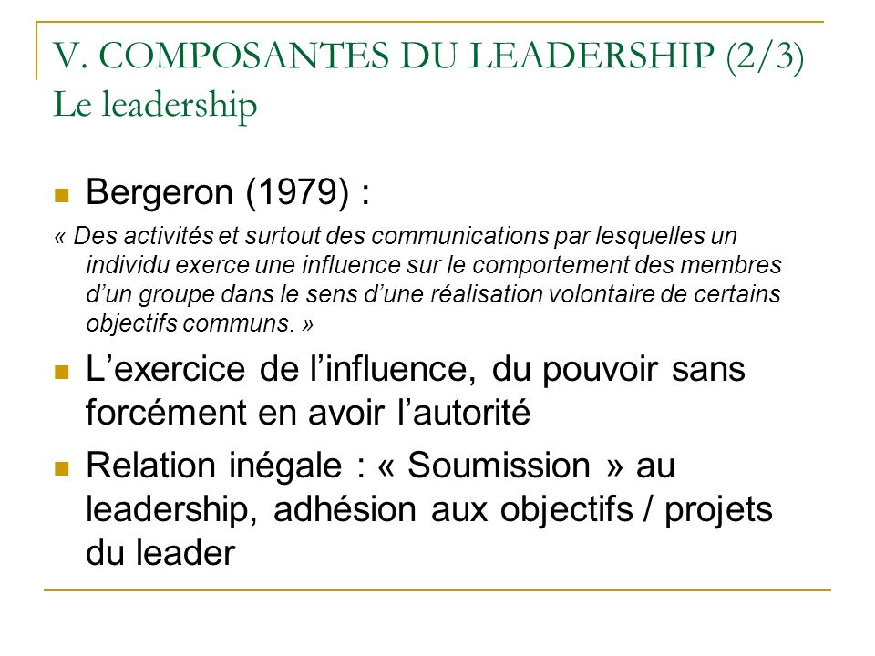 V. COMPOSANTES DU LEADERSHIP (2/3) Le leadership