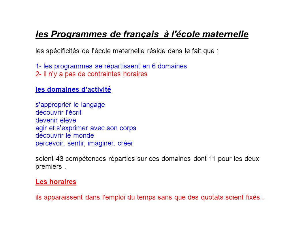 les Programmes de français à l école maternelle