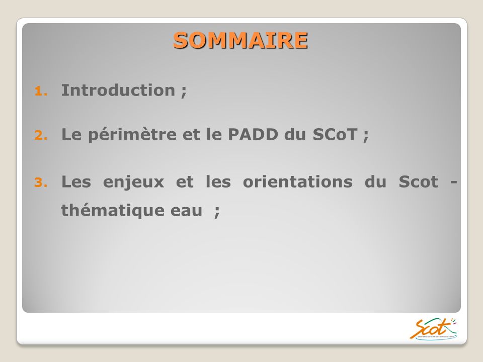 SOMMAIRE Introduction ; Le périmètre et le PADD du SCoT ;