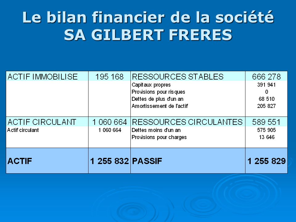 Le bilan financier de la société SA GILBERT FRERES