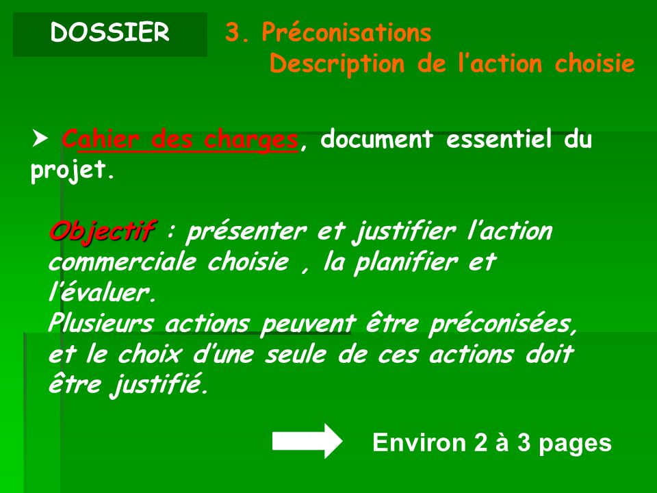 DOSSIER 3. Préconisations. Description de l’action choisie.  Cahier des charges, document essentiel du projet.
