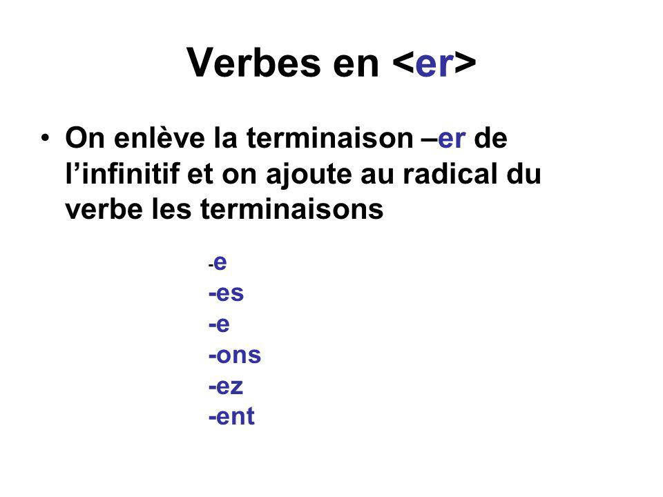 Verbes en <er> On enlève la terminaison –er de l’infinitif et on ajoute au radical du verbe les terminaisons.