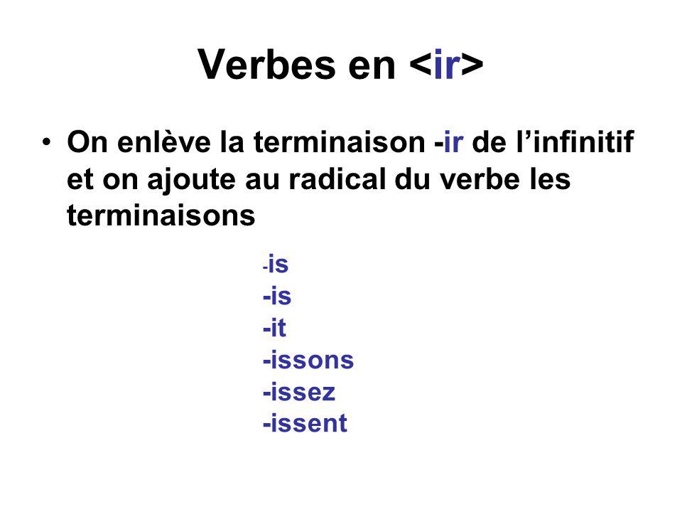 Verbes en <ir> On enlève la terminaison -ir de l’infinitif et on ajoute au radical du verbe les terminaisons.