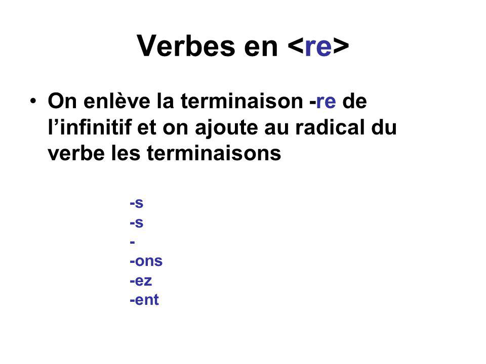 Verbes en <re> On enlève la terminaison -re de l’infinitif et on ajoute au radical du verbe les terminaisons.