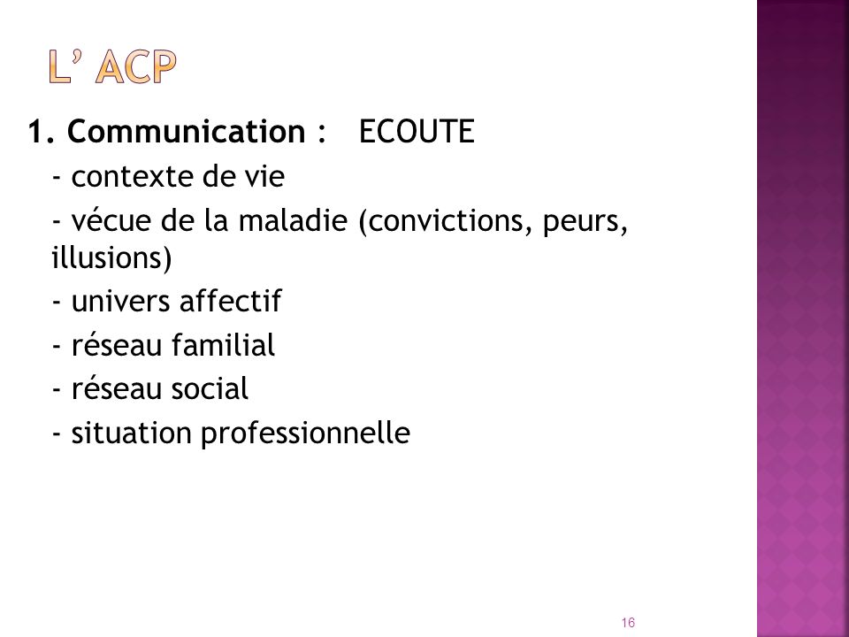 L’ ACP 1. Communication : ECOUTE - contexte de vie