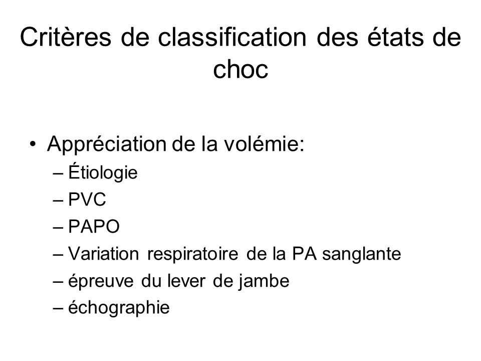 Critères de classification des états de choc