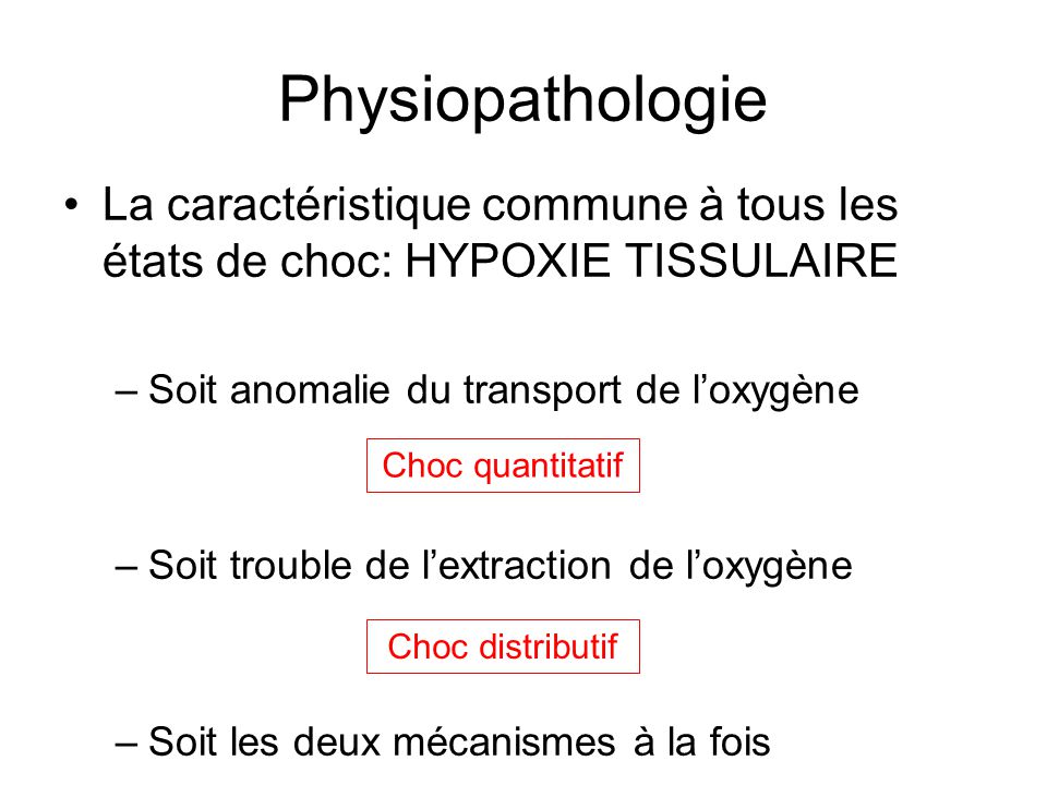 Physiopathologie La caractéristique commune à tous les états de choc: HYPOXIE TISSULAIRE. Soit anomalie du transport de l’oxygène.