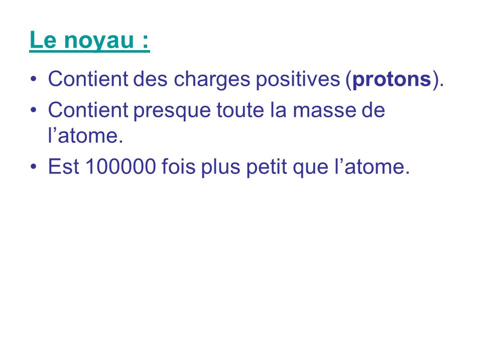 Le noyau : Contient des charges positives (protons).