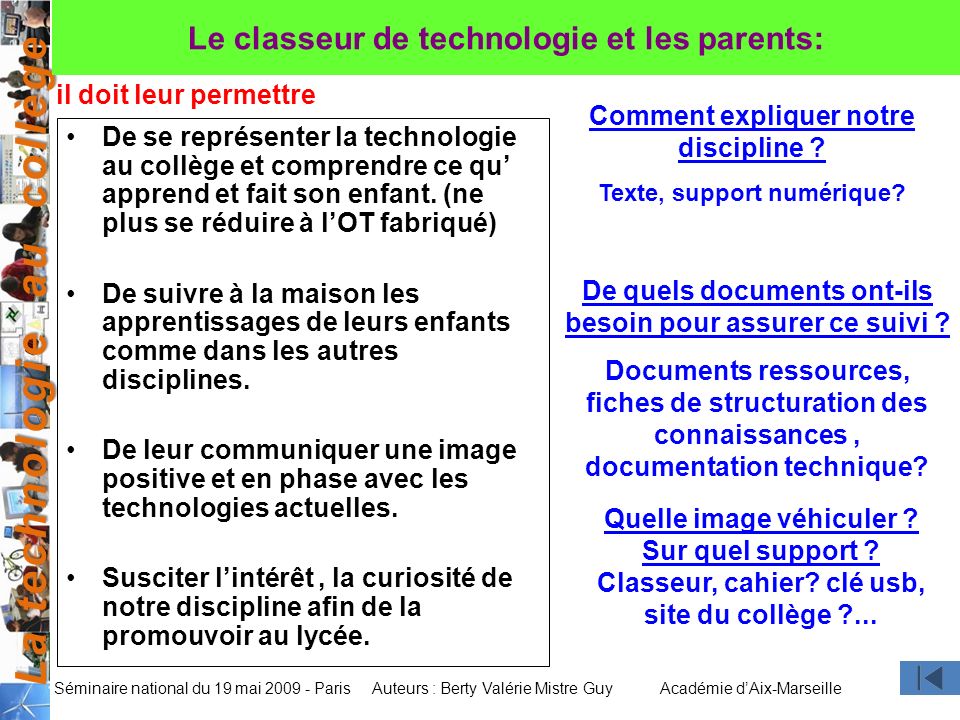 Le classeur de technologie et les parents: