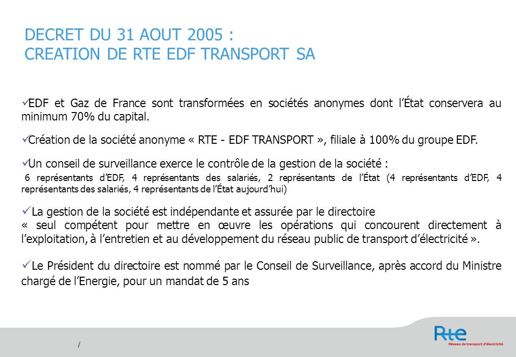 DECRET DU 31 AOUT 2005 : CREATION DE RTE EDF TRANSPORT SA