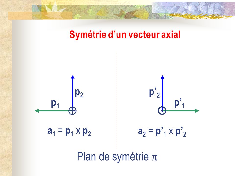   Plan de symétrie  Symétrie d’un vecteur axial p2 p’2 p1 p’1