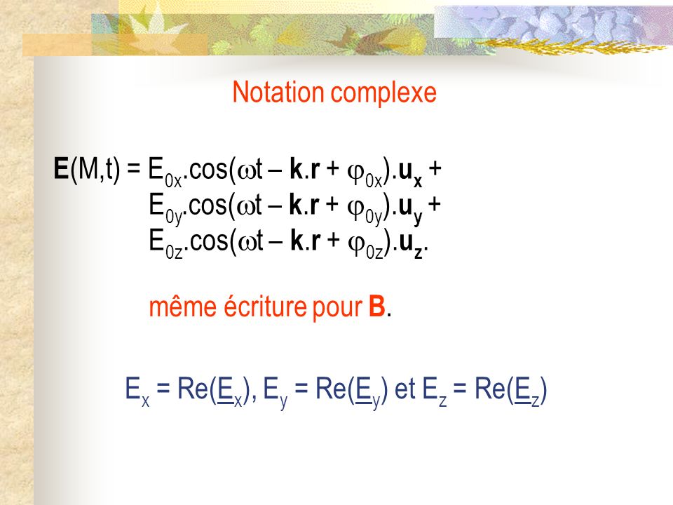 Notation complexe E(M,t) = E0x.cos(t – k.r + 0x).ux + E0y.cos(t – k.r + 0y).uy + E0z.cos(t – k.r + 0z).uz.