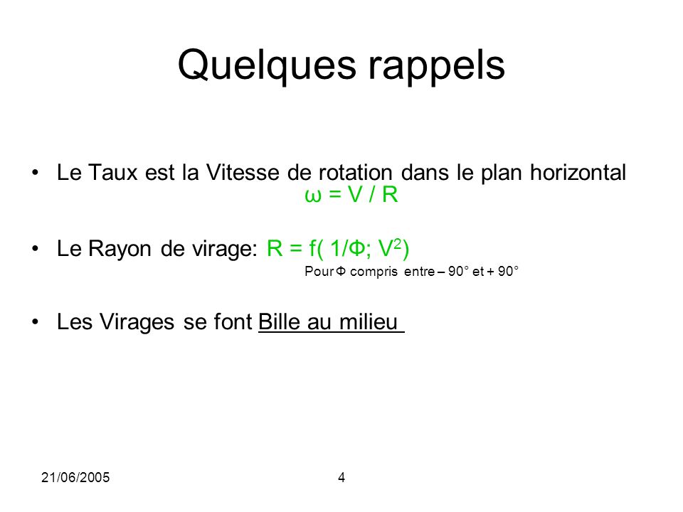 Quelques rappels Le Taux est la Vitesse de rotation dans le plan horizontal ω = V / R.
