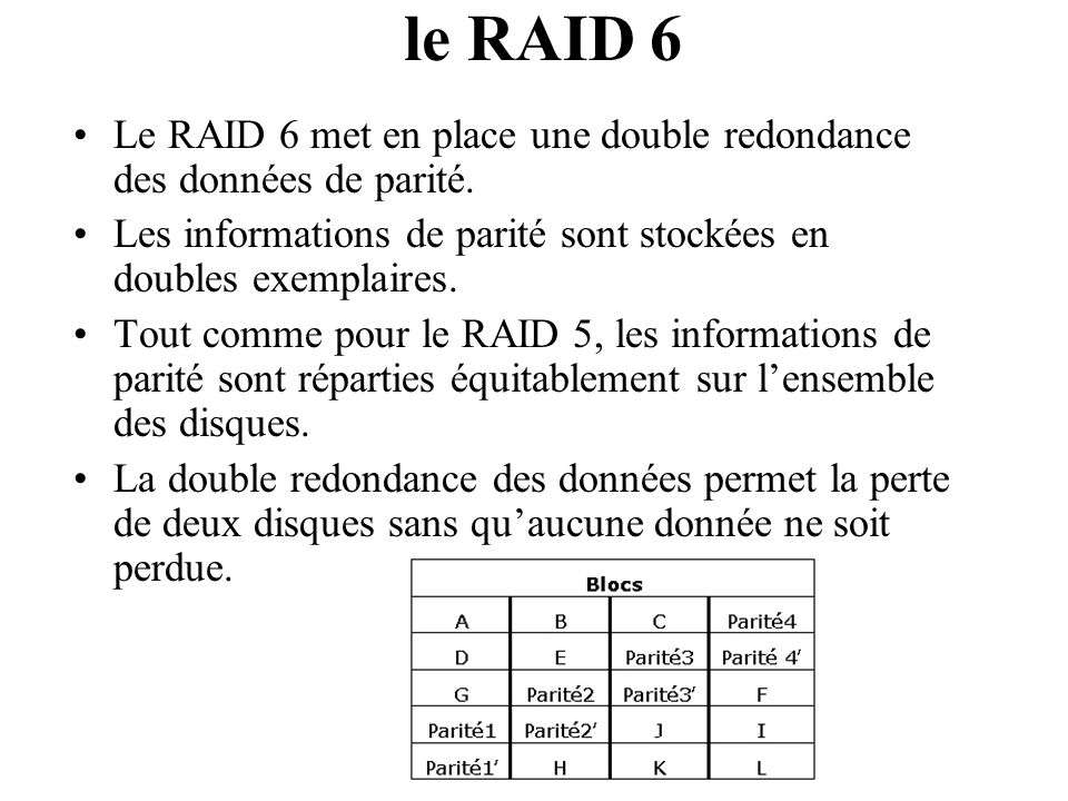 le RAID 6 Le RAID 6 met en place une double redondance des données de parité. Les informations de parité sont stockées en doubles exemplaires.