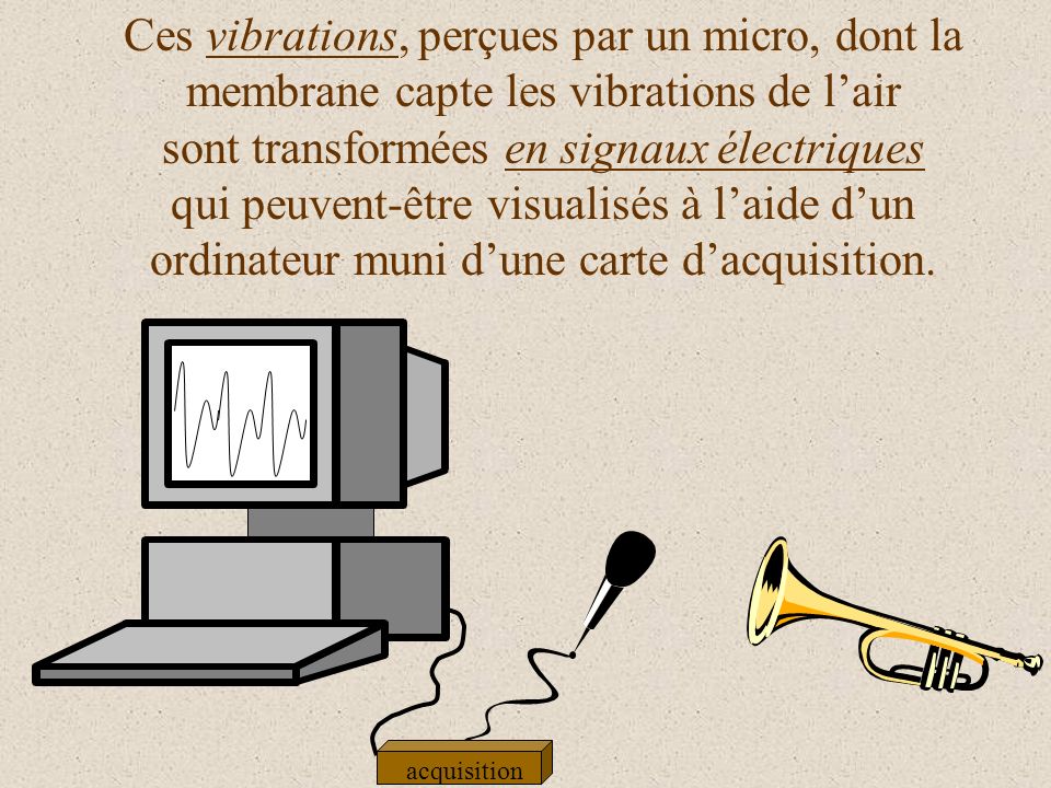 Ces vibrations, perçues par un micro, dont la membrane capte les vibrations de l’air sont transformées en signaux électriques qui peuvent-être visualisés à l’aide d’un ordinateur muni d’une carte d’acquisition.