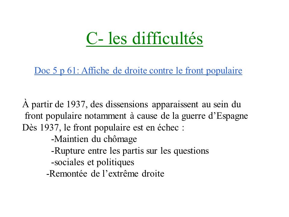 C- les difficultés Doc 5 p 61: Affiche de droite contre le front populaire. À partir de 1937, des dissensions apparaissent au sein du.