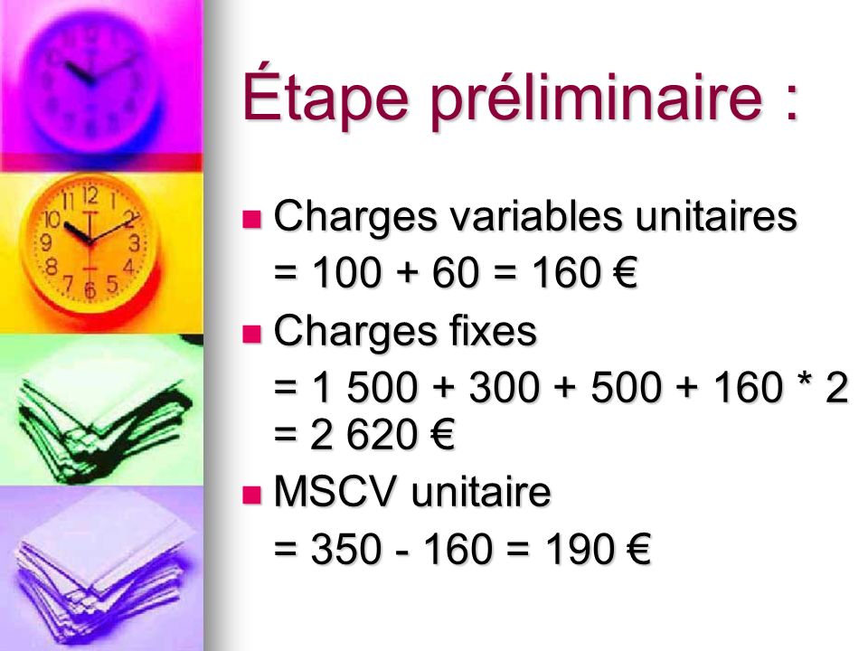 Étape préliminaire : Charges variables unitaires = = 160 €