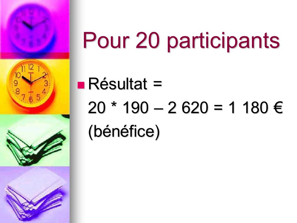Pour 20 participants Résultat = 20 * 190 – = € (bénéfice)