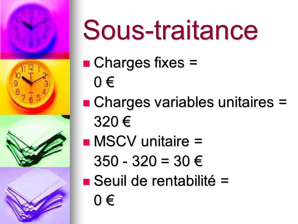 Sous-traitance Charges fixes = 0 € Charges variables unitaires = 320 €
