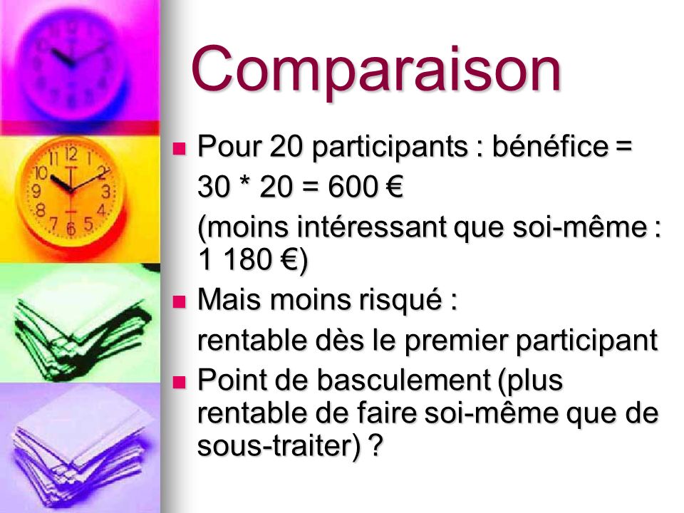 Comparaison Pour 20 participants : bénéfice = 30 * 20 = 600 €