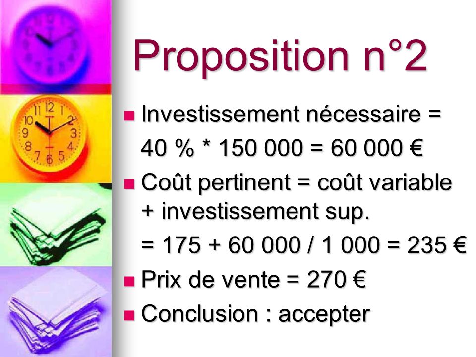 Proposition n°2 Investissement nécessaire = 40 % * = €