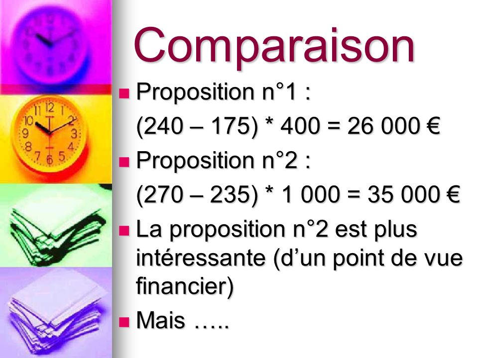 Comparaison Proposition n°1 : (240 – 175) * 400 = €