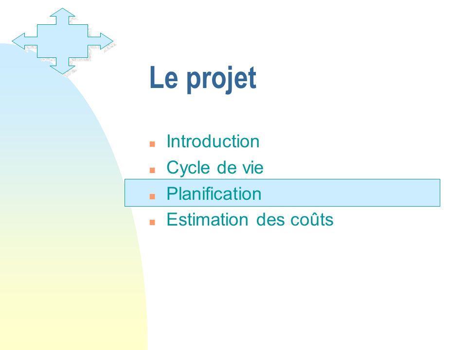 Le projet Introduction Cycle de vie Planification Estimation des coûts