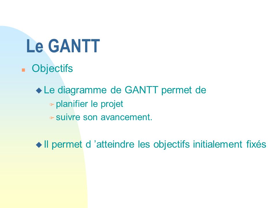 Le GANTT Objectifs Le diagramme de GANTT permet de