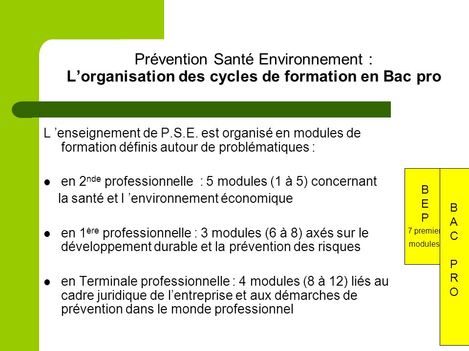 Prévention Santé Environnement : L’organisation des cycles de formation en Bac pro