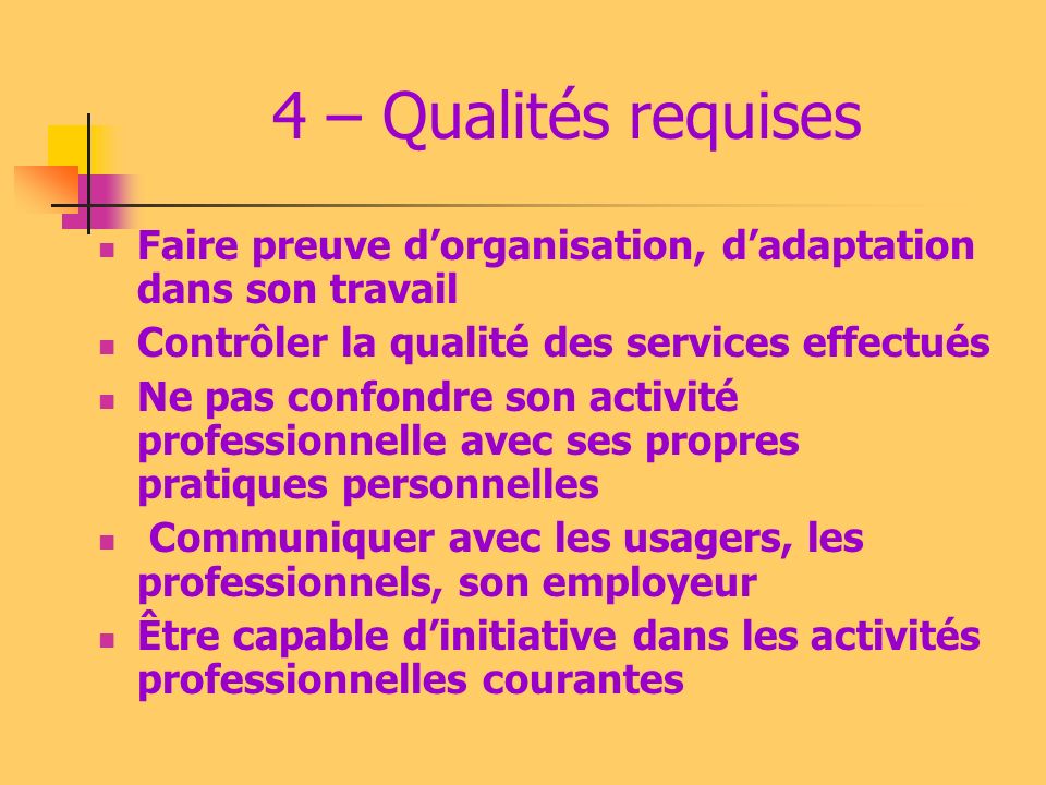 4 – Qualités requises Faire preuve d’organisation, d’adaptation dans son travail. Contrôler la qualité des services effectués.