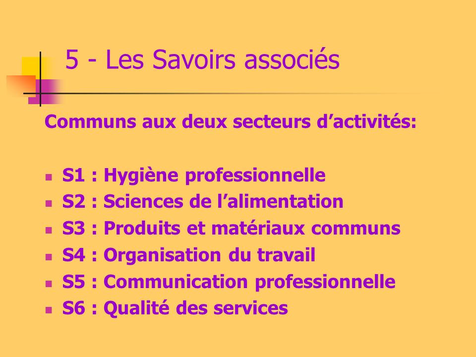5 - Les Savoirs associés Communs aux deux secteurs d’activités: