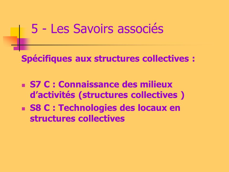 5 - Les Savoirs associés Spécifiques aux structures collectives :