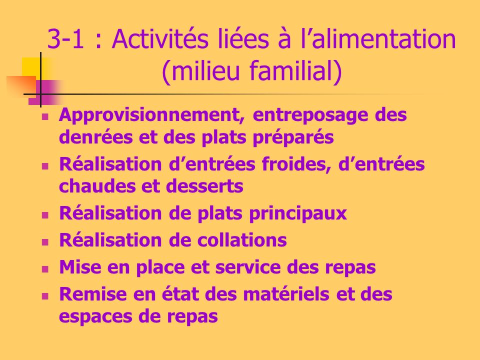 3-1 : Activités liées à l’alimentation (milieu familial)