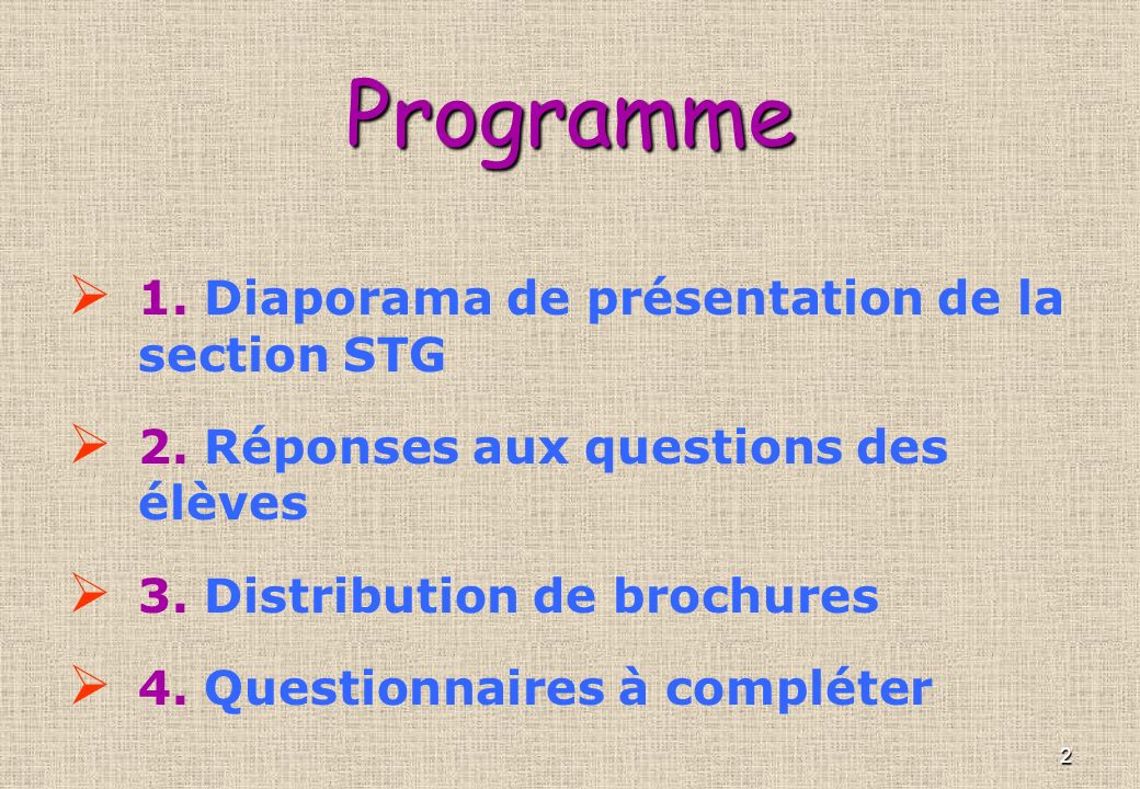 Programme 1. Diaporama de présentation de la section STG