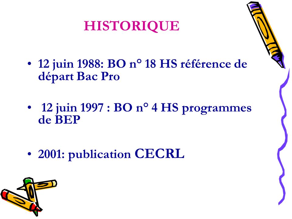 HISTORIQUE 12 juin 1988: BO n° 18 HS référence de départ Bac Pro