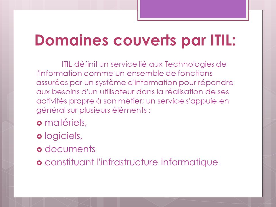 Domaines couverts par ITIL:
