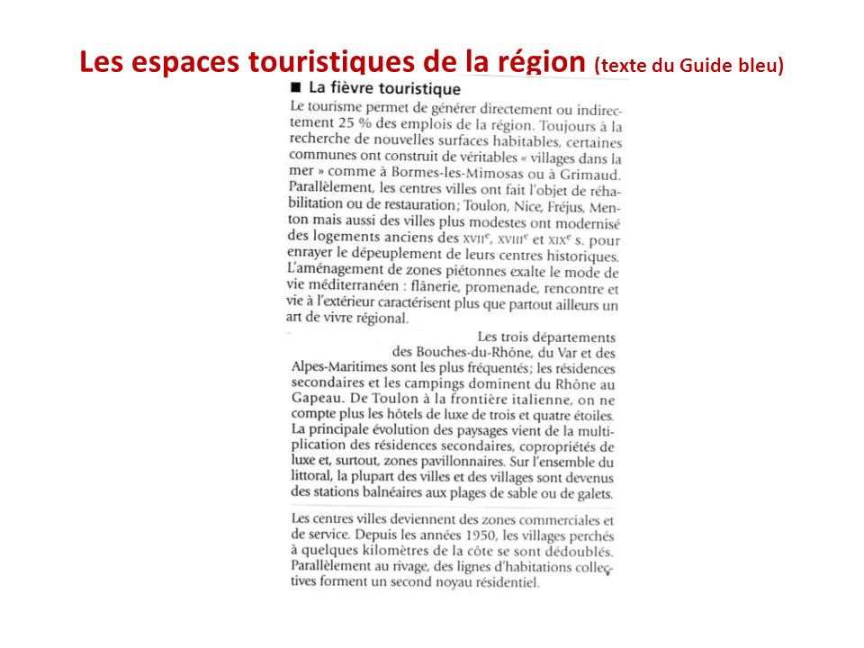 Les espaces touristiques de la région (texte du Guide bleu)