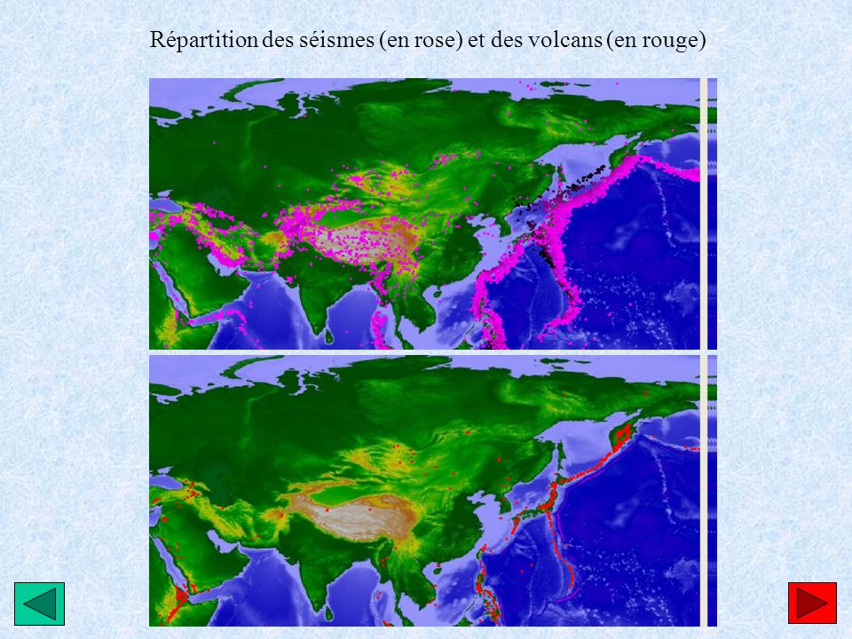 Répartition des séismes (en rose) et des volcans (en rouge)