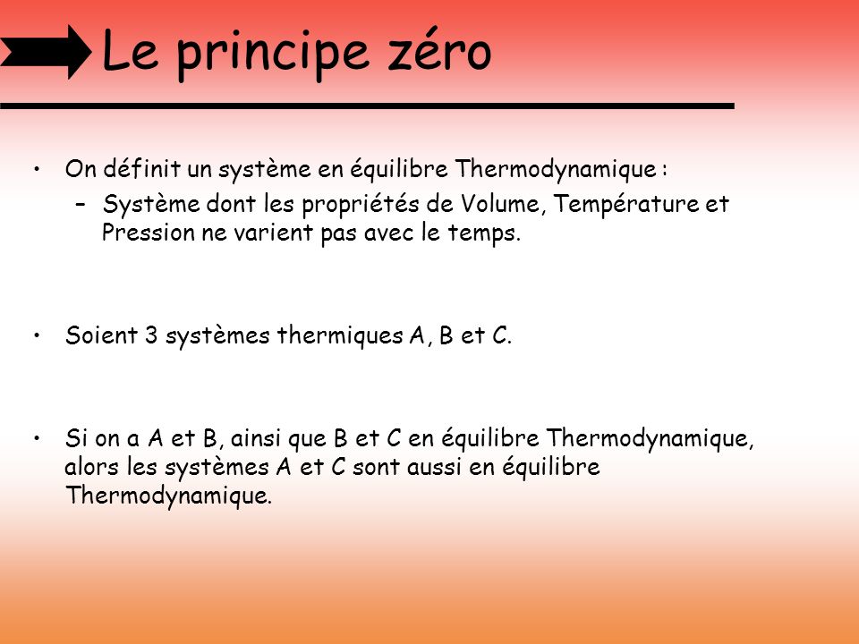Le principe zéro On définit un système en équilibre Thermodynamique :