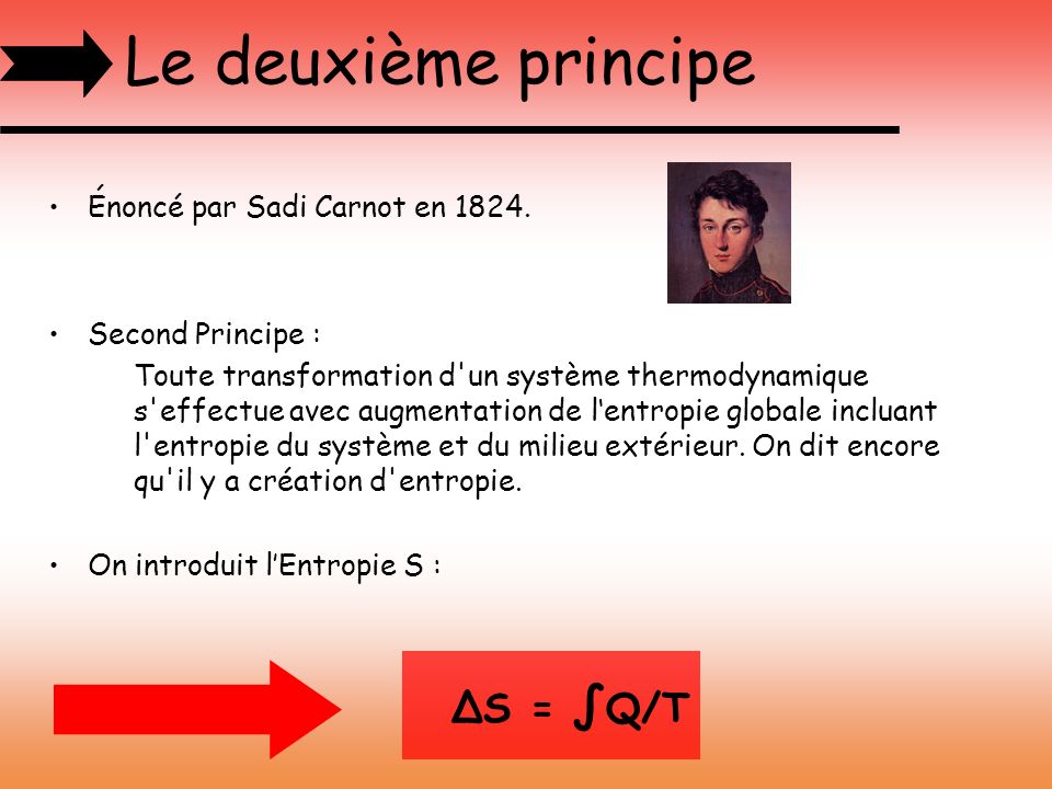 Le deuxième principe Énoncé par Sadi Carnot en Second Principe :