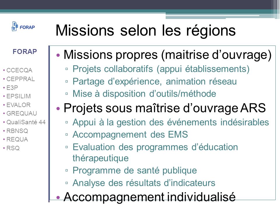 Missions selon les régions