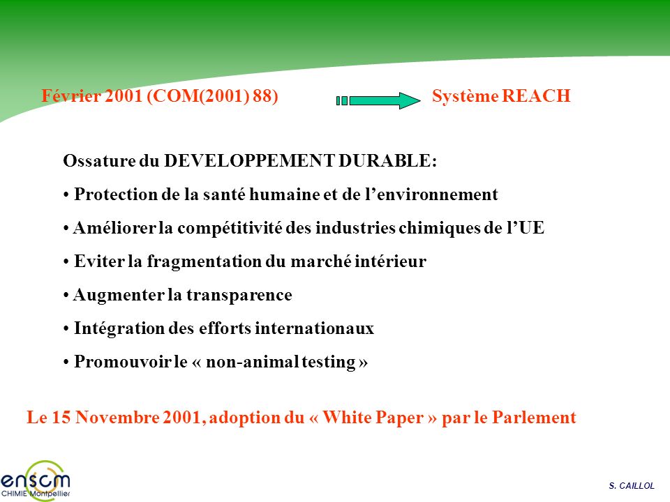 Février 2001 (COM(2001) 88) Système REACH. Ossature du DEVELOPPEMENT DURABLE: Protection de la santé humaine et de l’environnement.