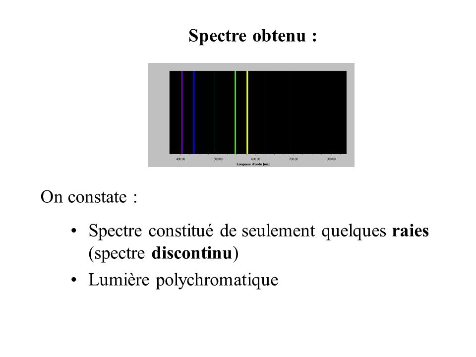 Spectre obtenu : On constate : Spectre constitué de seulement quelques raies (spectre discontinu) Lumière polychromatique.